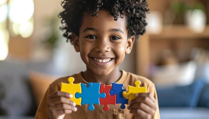 A smiling young child of color holds a set of puzzle pieces. The boy faces the camera with a warm expression, the pieces offering vibrant color contrast. Blurry interior background