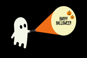 This whimsical illustration features a cute ghost using a flashlight to project a 'Happy Halloween' message, surrounded by playful pumpkin icons in a festive atmosphere.