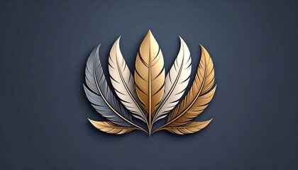 A stylized illustration featuring five feathers in a symmetrical pattern, showcasing gradients of gold, silver, and gray against a dark blue backdrop. 