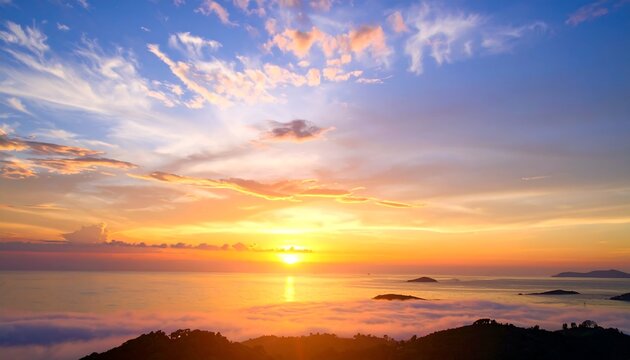 A stunning panoramic scene of a sunrise illuminating a tranquil sea, with fluffy clouds and the horizon ablaze with color. A mountain range frames the lower portion - Powered by Adobe