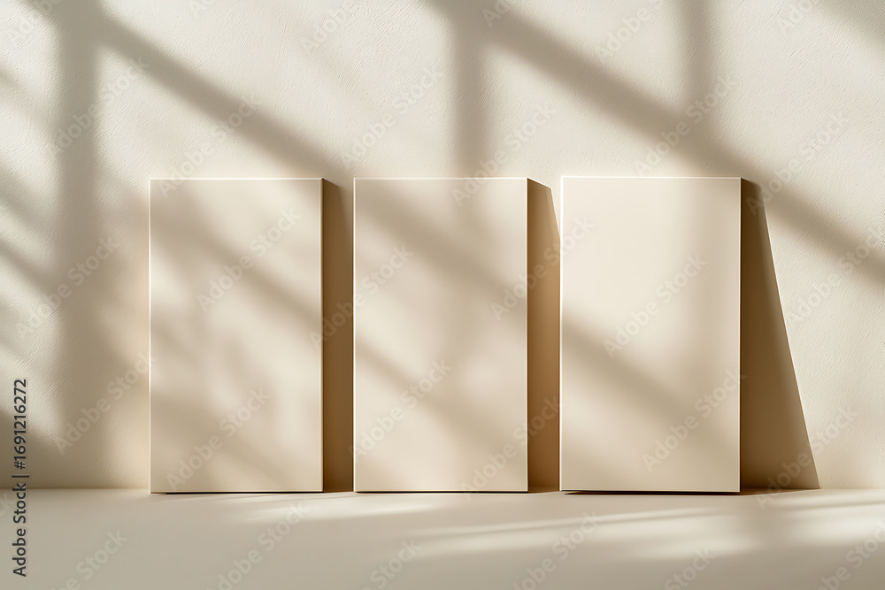 Poster minimalist arrangement of three rectangular blocks against a neutral wall with soft shadows creates 