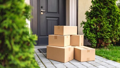 Packages stacked by a front door