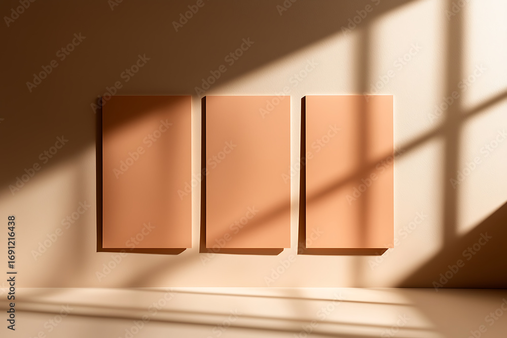 Poster Three rectangular art canvases hang against a wall bathed in warm sunlight and geometric shadows, creating a calming and inviting atmosphere.