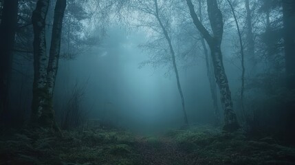 Obraz premium Mysterious Foggy Forest Path with Tall Trees and Soft Light
