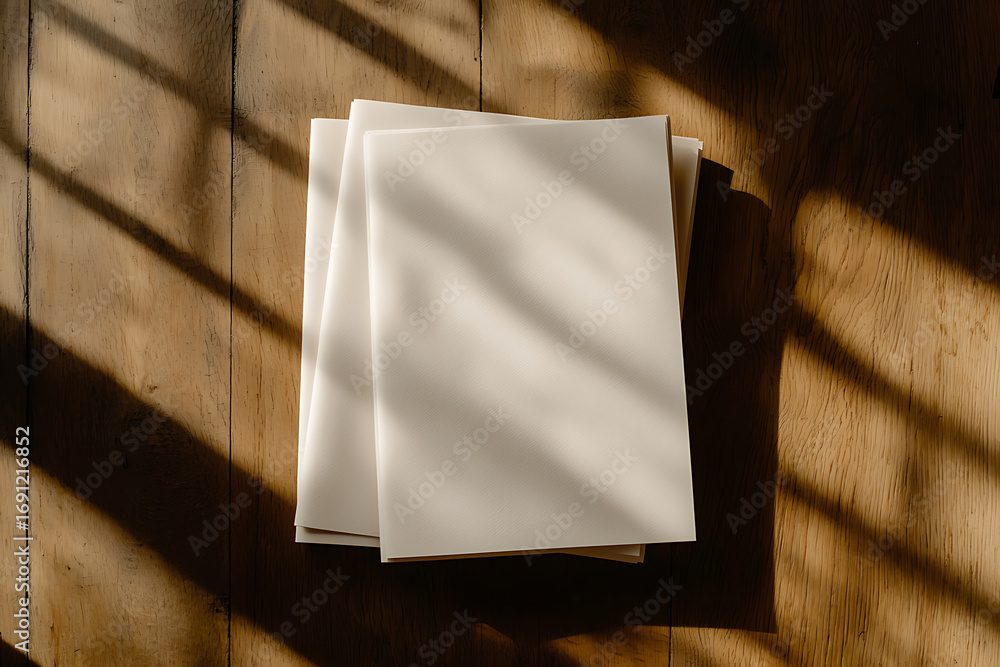 Poster stack of white paper sheets on a wooden table in natural light. clean and simple composition ideal f