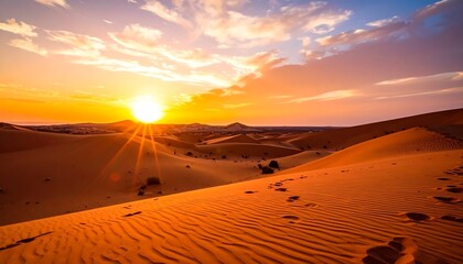 A warm, vibrant desert landscape at sunset. Footprints mark the sand dunes, bathed in golden light. A bright sun sets amidst a cloudy sky, casting long shadows and a sense of serenity
