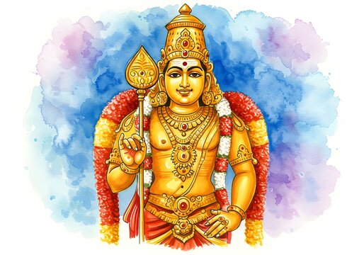 Watercolor Illustration of Lord Murugan Hindu God with Spear, Jewelry, and Crown  Religious Art