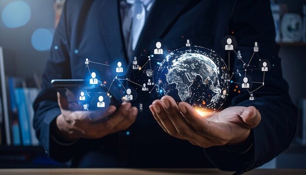 A well-dressed person holds a digital sphere depicting a network of connected people with a globe at the center, symbolizing global reach & collaboration. 
