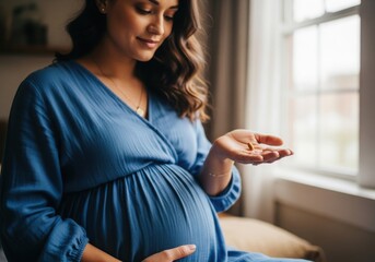 Pregnant woman holding prenatal vitamins near a window