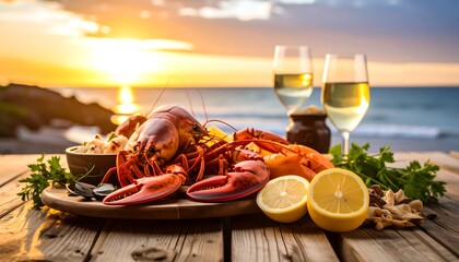 A wood platter with red lobster, seafood dish, sliced lemons, parsley and two glasses of white wine is set against a sunset beach backdrop