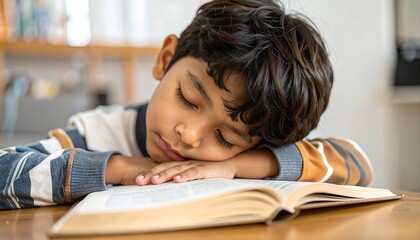 A young boy of South Asian descent is asleep, his head resting on an open book on a wooden table.