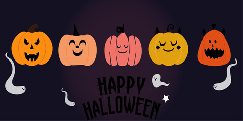 This vibrant Halloween-themed image features a variety of pumpkins with different facial expressions, set against a spooky background, plus playful ghost illustrations.