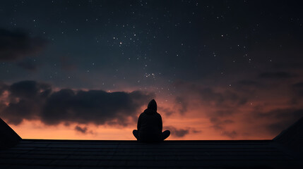 Stargazer: Silhouette on a rooftop under a starry sky, embracing the vastness of the universe, pondering existence and finding peace in the night.
