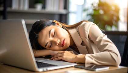 A young woman in a blazer rests her head on a laptop, eyes closed, in a bright, modern office setting. Sunlight filters through nearby plants. A phone rests beside her arm