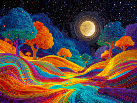 Vibrant, surreal landscape with glowing neon trees under a luminous full moon in a starry night sky