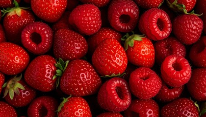 A vibrant close-up shot showcasing an assortment of ripe, luscious red berries, including strawberries and raspberries.