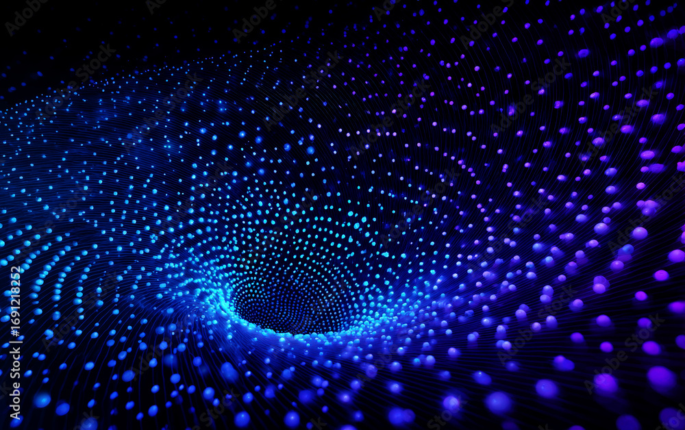 Poster abstract blue digital tunnel with glowing points and swirling patterns