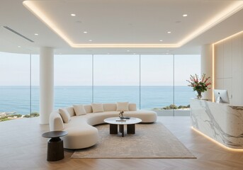 Fototapeta premium Modern luxury living room with panoramic ocean views