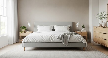 Fototapeta premium Peaceful Bedroom Interior Design with Neutral Tones and Minimalist Decor