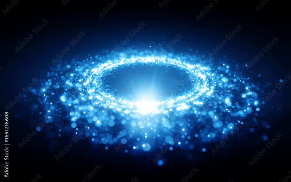Poster blue glowing circular pattern with sparkling particles