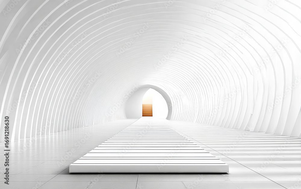 Poster white curved tunnel with a bright end showing modern architecture