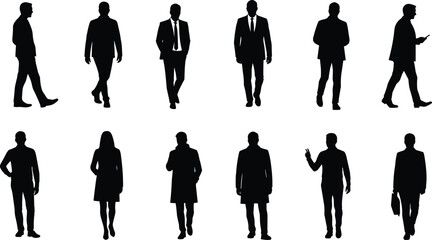 Collection of Black Silhouettes of Men and Women in Various Poses Keywords: people, silhouette