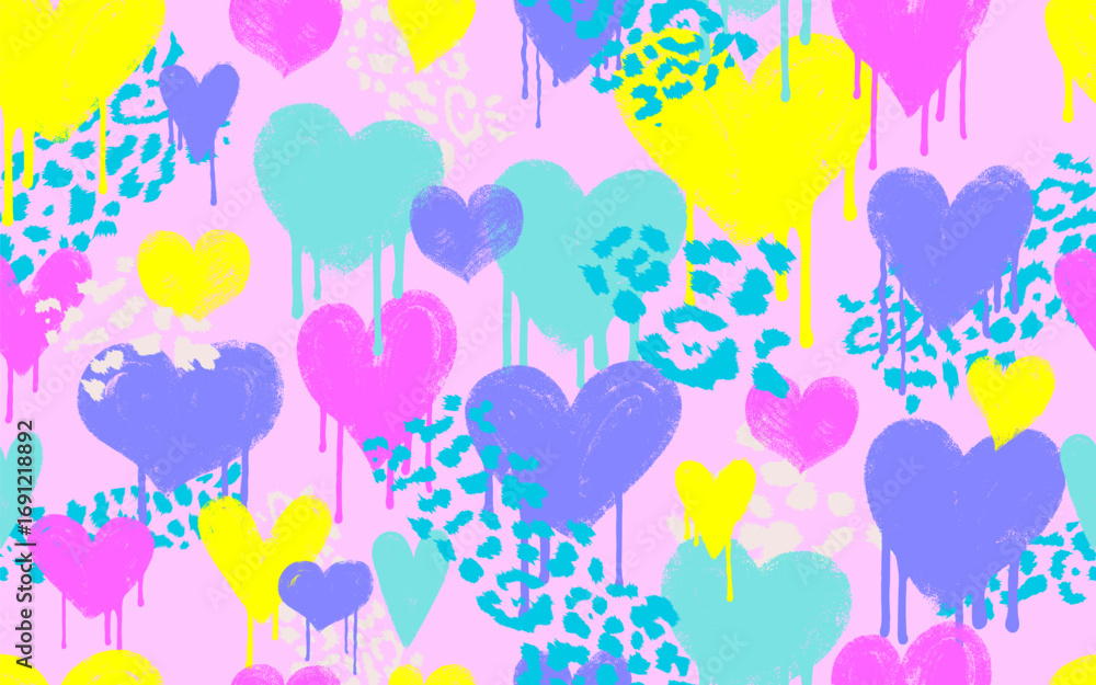 Poster seamless pattern abstract seamless chaotic leopard print with grunge hearts. grunge texture backgrou