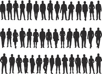 Collection of business people silhouettes standing in rows on white background Keywords: silhouette