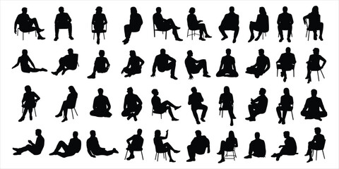 Collection of Seated and Reclining Human Silhouettes on White Background Keywords: silhouette, people