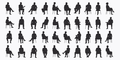Collection of seated male and female silhouettes on chairs on white background Keywords: silhouette