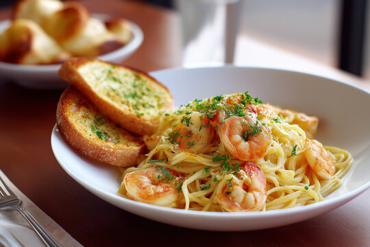 STYLE: Close-up shot ANGLE on white marble background. EMOTION: Uplifting. SCENE: A balanced plate featuring creamy shrimp pasta with a side of green salad and lemon broccoli, arranged attractively fo - Powered by Adobe