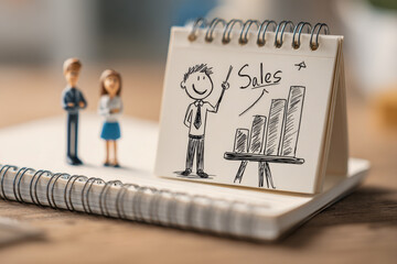 Small business strategy concept with miniature figures observing a notepad sketch of increasing sales graph and happy presenter on wooden table background