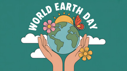 Celebrate World Earth Day with a Hand-Drawn Illustration of the Planet Held Gently in Cupped Hands, Adorned with Flowers and a Butterfly