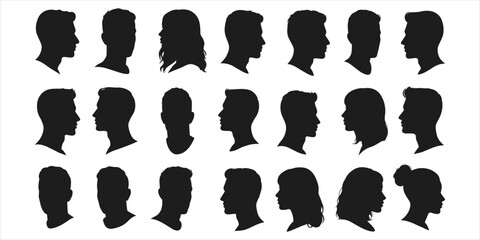 Diverse male and female head profile silhouettes on a white background Keywords: silhouette, heads