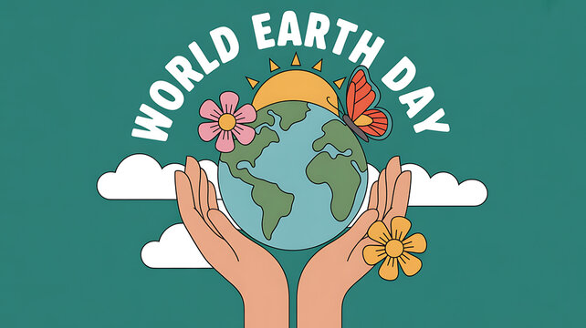 Celebrate World Earth Day with a Hand-Drawn Illustration of the Planet Held Gently in Cupped Hands, Adorned with Flowers and a Butterfly - Powered by Adobe