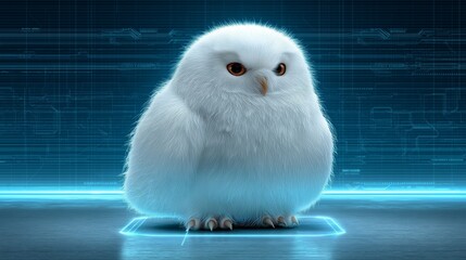 A white owl with glowing neon accents sits on a digital platform, exuding a futuristic and mystical vibe. Perfect for tech, innovation, and fantasy themes.