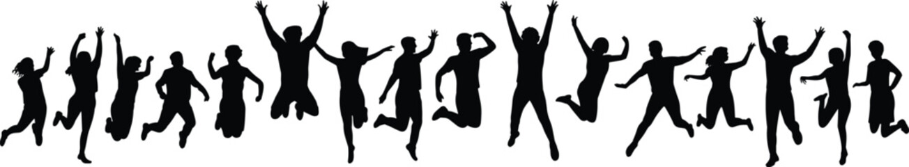 Joyful Crowd Silhouettes Jumping and Celebrating Together people group