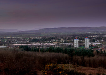 View from Gleniffer Braes Country Park, looking over Paisley in Central Scotland to the Campsie Fells and Ben Lomond beyond.