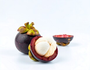 Mangosteen fruit, whole and sliced, vibrant colors against white