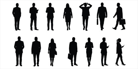 Silhouettes of business people in various poses and actions on white background Keywords: business