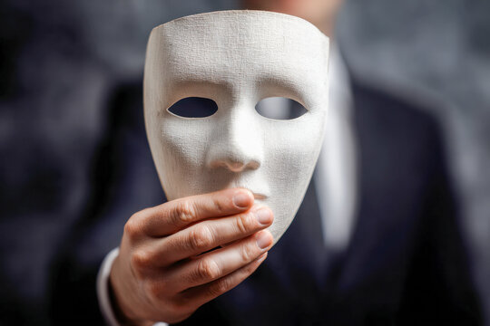 Close-up of a person in formal attire holding a plain white theatrical mask symbolizing anonymity, secrecy, or hidden identity concepts against a dark background