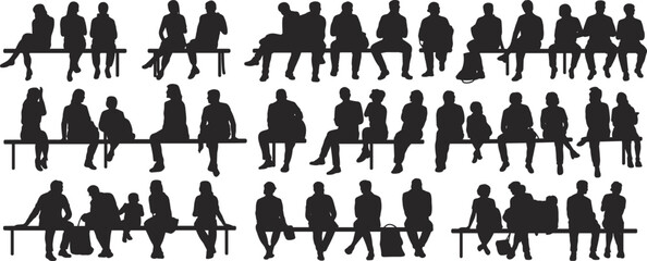 Silhouettes of diverse people sitting on benches in various poses Keywords: silhouette, people