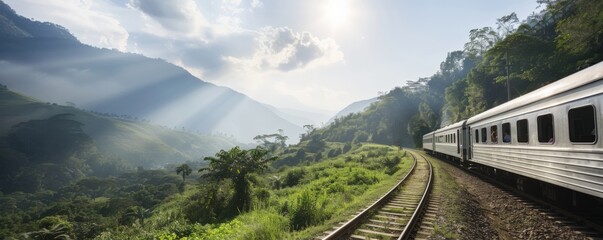 A scenic view of a train traveling through lush green hills with sunlight streaming through clouds and mountains in the background.