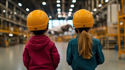 Two children wearing yellow helmets observe an airplane inside a large aircraft hangar.