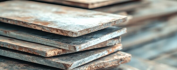 Close-up of stacked rusted metal plates with rough textures and uneven edges, showing signs of corrosion and wear.