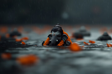Serene deity in a rain-kissed waterscape, adorned with vibrant marigolds, evokes peace and spirituality.