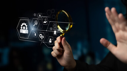 Business management system showing teamwork, productivity, and planning. Management supports goal,...