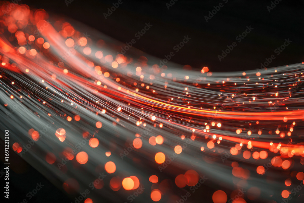 Poster dynamic glowing red and white fiber optic strands creating a vibrant flow of abstract light particle