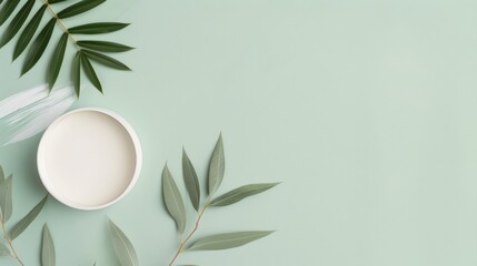 Minimalist flat lay with green leaves and a white bowl on a pastel mint background, evoking freshness and simplicity.