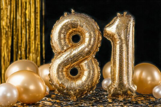 Elegant golden balloon numbers and confetti celebrating a memorable 21st birthday milestone with luxurious decor and sparkling accents
